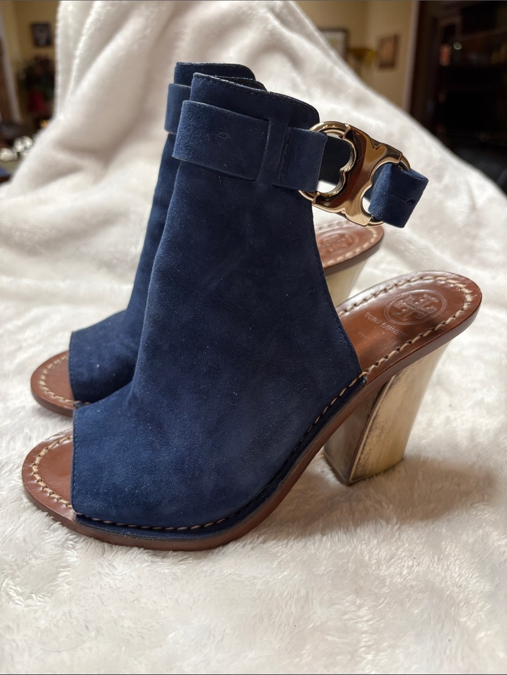 Tory Burch Navy Suede Open-Toe Heels